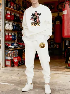 Men's Ufc Fight Night 29 Win Graphic Print Set, Casual Round Neck Long Sleeve Hoodie & Sports Pants, Spring & Fall Comfort Wear