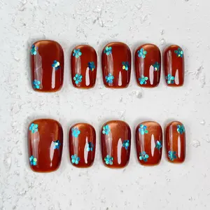 [Rust Bloom] Short Square Handmade Press on Nails, Fake Nails with Nail tool kit with Jelly Stickers, Reusable, Durable