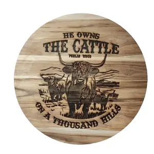 Highland Cow, Scottish, coos,  Round TEAK laser etched Cutting board, Charcuterie, Bread Board, serving Tray, Platter, Cutting Board, Tray,
