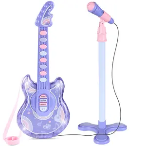 Best Choice Products 19in Kids Flash Guitar, Pretend Play Musical Instrument Toy for Toddlers w/ Mic, Stand