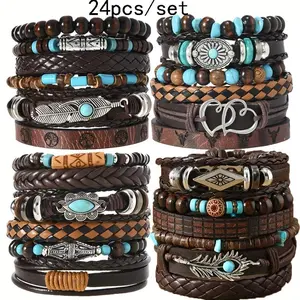 24pcs Bohemian Vintage Western Turquoise Beaded Cowboy Bracelet Set Multi-layer Braided Faux Leather Unisex Fashion Jewelry for Men