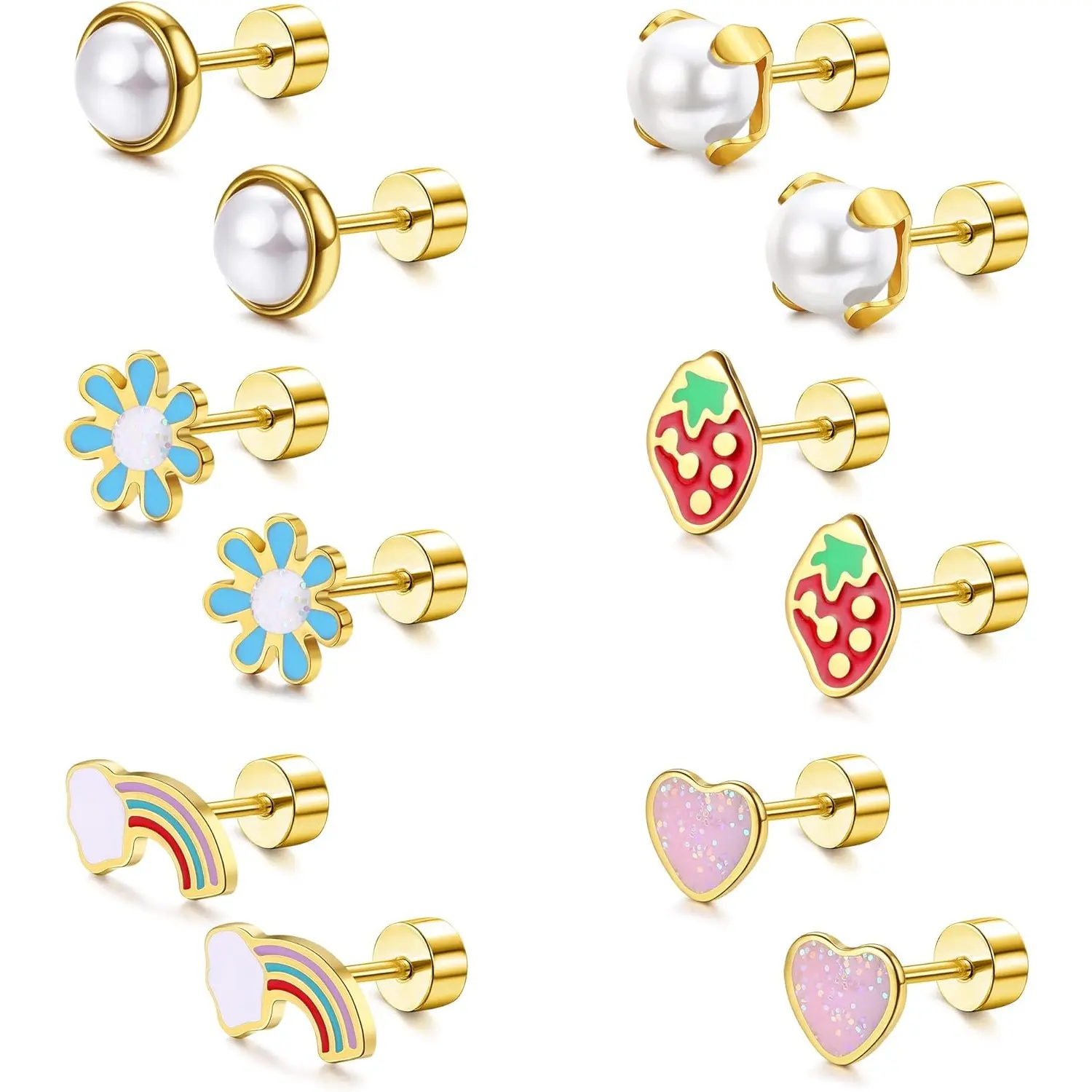 Milacolato 6-Pairs 18G Stainless Steel Flat Back Stud Earrings for Women, Female Tiny Cartilage Jewelry with Heart, Flower, Strawberry, Rainbow, Simulated-Pearls Designs, Hypoallergenic Metal Coating Piercing Accessories