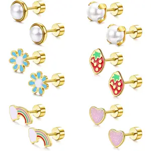 MILACOLATO 6Pairs Stainless Steel Stud Earrings 18G Flat Back Stud Earrings for Women Tiny Cartilage Earrings Heart Flower Strawberry Rainbow Simulated-Pearls Hypoallergenic Flatback Earrings Piercing Jewelry