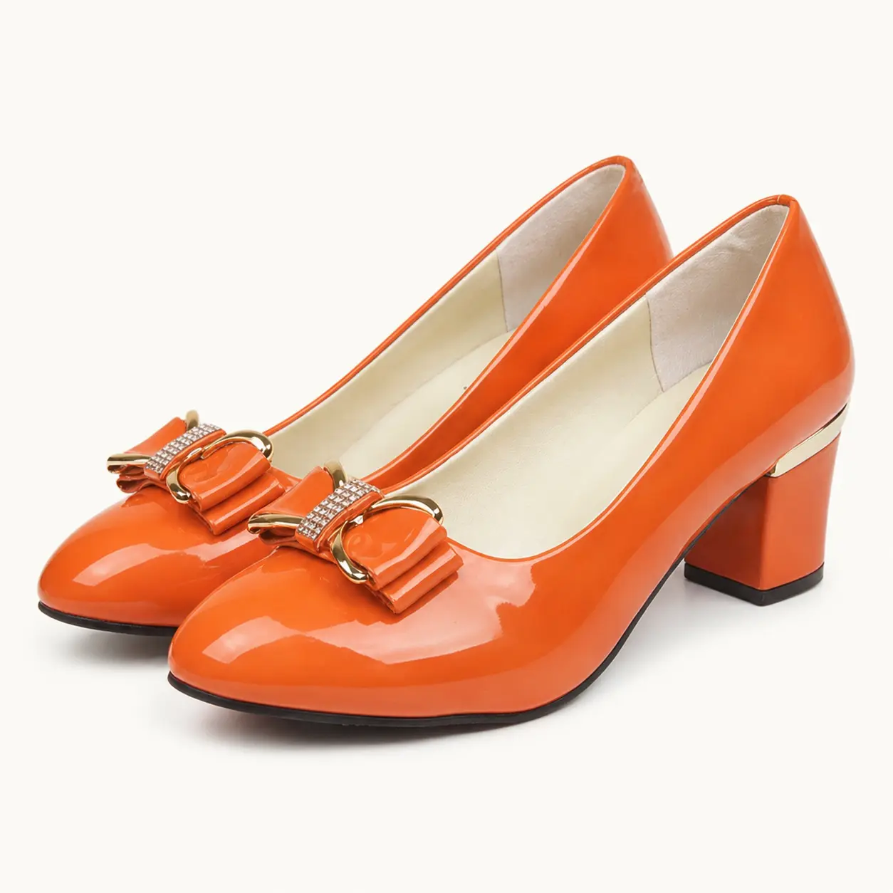 GeeYea women's Orange Patent PU Leather Bow Pumps, Round Toe Chunky High Heel Dress Shoes with Rhinestone & Gold-Tone Ornament, Glossy Elegant Heels for Party, Wedding, Office & Date Night.