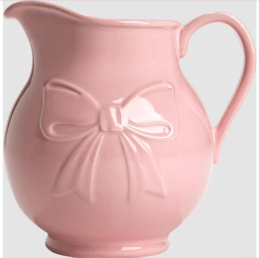 2.5-Quart Ceramic Stoneware Pitcher, Pink Bow Design, Microwave & Dishwasher Safe