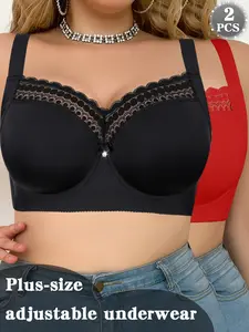 Plus Size Women's Push-Up Lace Bralette Lingerie, Sexy Balconette Design, Adjustable Straps, Full Coverage, Comfortable All Seasons Wear, 2 Pack