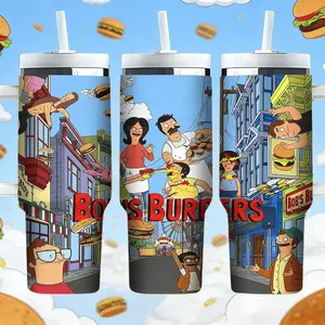 Bob's Burgers Street Scene 40oz Tumbler, Funny Animated Sitcom Travel Mug, Pop Culture White Handle Cup