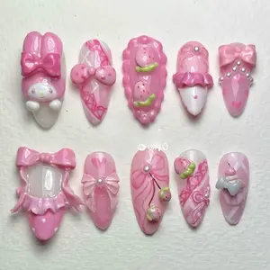 My Melody Strawberry Press On Nails | Handmade 3D Kawaii Bunny Nails | Pink Dessert Nail Art | Cute Strawberry Luxury Almond Press-On Nails with Gift Set (Adhesive Tabs, Nail File, Cuticle Stick)