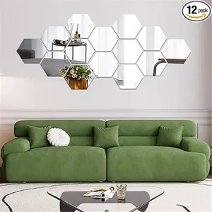 Mirror Wall Stickers, 12PCS Hexagon Mirror Art DIY Home Decorative Hexagonal Acrylic Wall Sheet Plastic Tiles Home Living Room Bedroom Sofa TV Background Wall Decal Decoration (Silver)