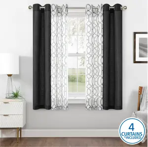 Kingswood Solid and Printed Sheer Grommet Curtain Panel Set 4 Piece Black 27.5" W x 63" L