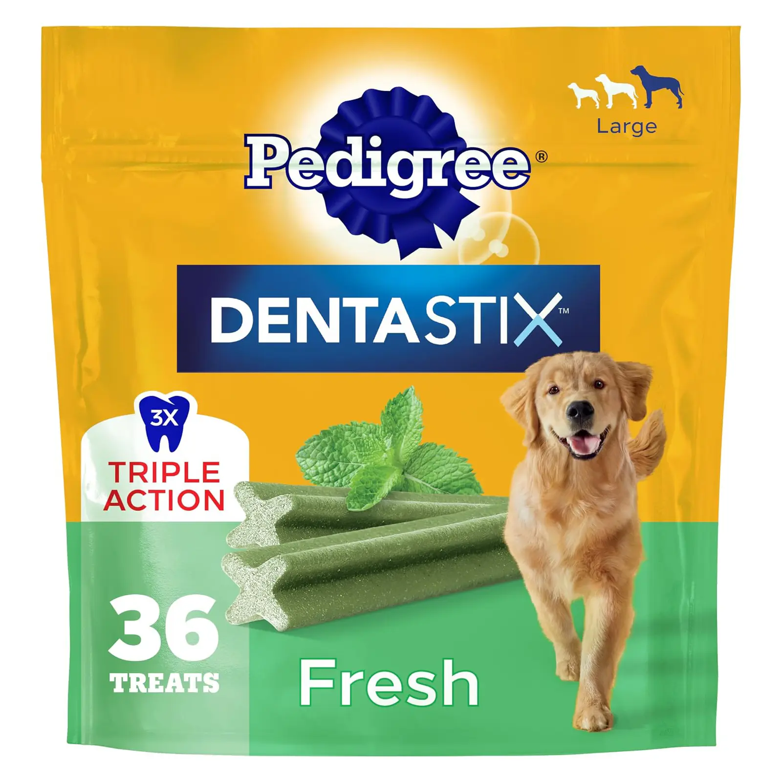 Pedigree Dentastix Large Breed Dental Dog Treats, Fresh, 36 Count Triple action dental care, reduces tartar, cleans teeth, freshens breath, for dogs 40+ lbs, no added sugar/fillers