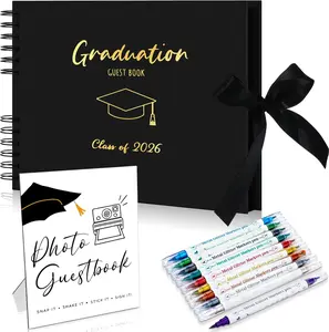 12 Pcs 2026 Graduation Guest Book with Photo Sign Decor 80 Pages Class of 2026 Scrapbook Photo Album with 10 DIY Dual Tip Metallic Markers Pens Gift, Exclude Camere(Graduation Cap,Black,10.4 Inches)