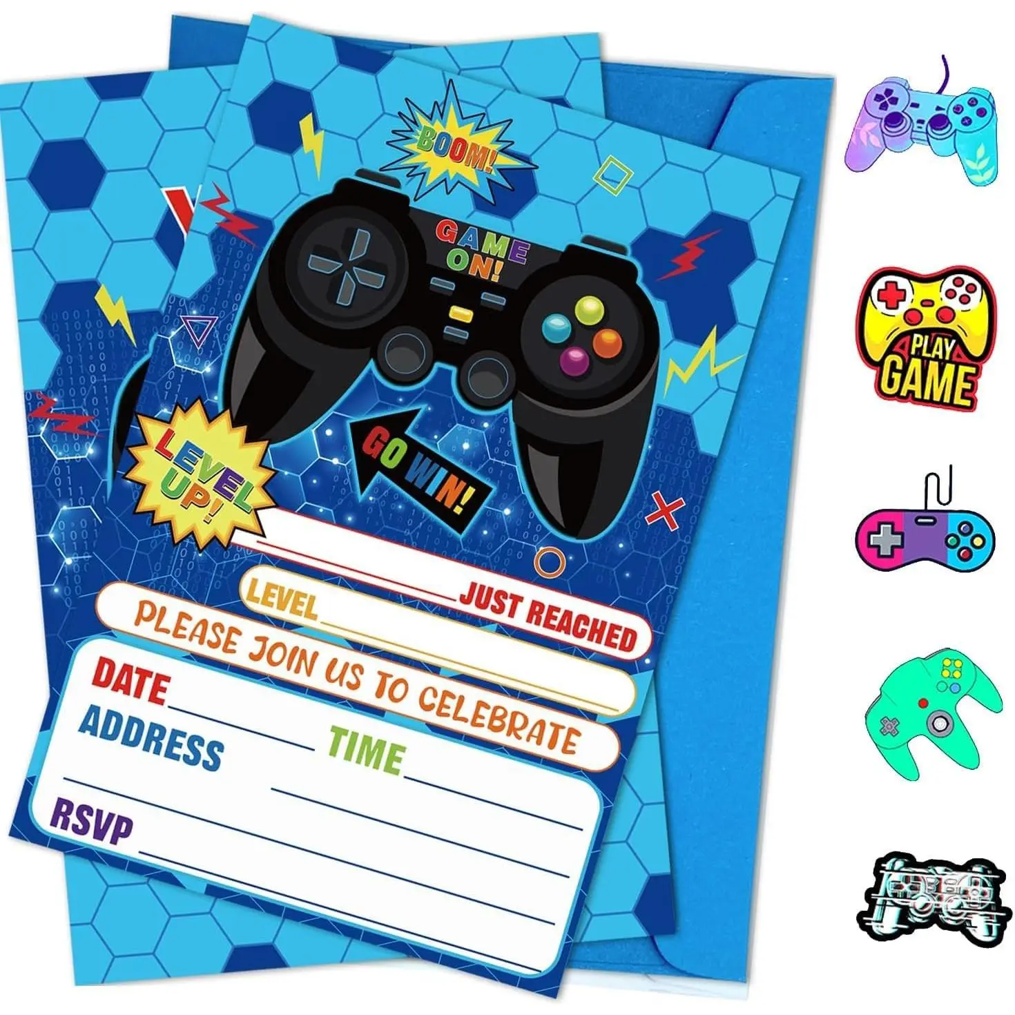 20 count Video  Party Invitations Sets with Envelopes  Stikers Double-sided Printed Blue  On Birthday Invitations for Boys Birthday Party Gaming Party Decorations, 6.7x4.7 Inch