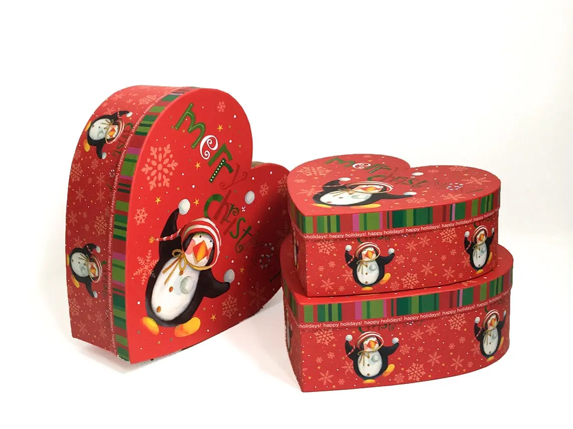 Red Christmas Penguins Heart Shape Flower Boxes Set of 3