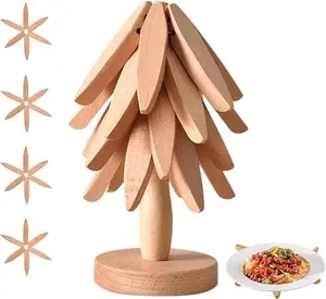 Wooden Trivets for Hot Dishes,Tree Shape Trivet Set, 4 Hot Dishes Plates + 1 Stand,Natural Collapsible Kitchen Wooden Hot Dishes for Pots, Pans, Bowls, Tea Kettles, Fondue Holders