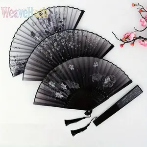 Stylish Vintage Bamboo Folding Hand Fan with Tassel, Elegant Solid Color Floral Detail Summer Fan, Portable Lightweight Handheld Fan for Wedding, Party, Festival & Events, Perfect Decorative Accessory & Delicate Gift for Women, Easy to Carry for Daily & O