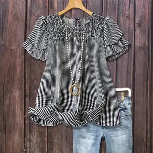 Casual Checkered Tiered Short Sleeve Top Black/Blue/Red dopamine Womenswear Elegant cute tops going tops women's outfits cute outfit Plaid Blouse Breathable Ruffled plus size tops vintage boho going tops Light flowy Shirts Outdoo