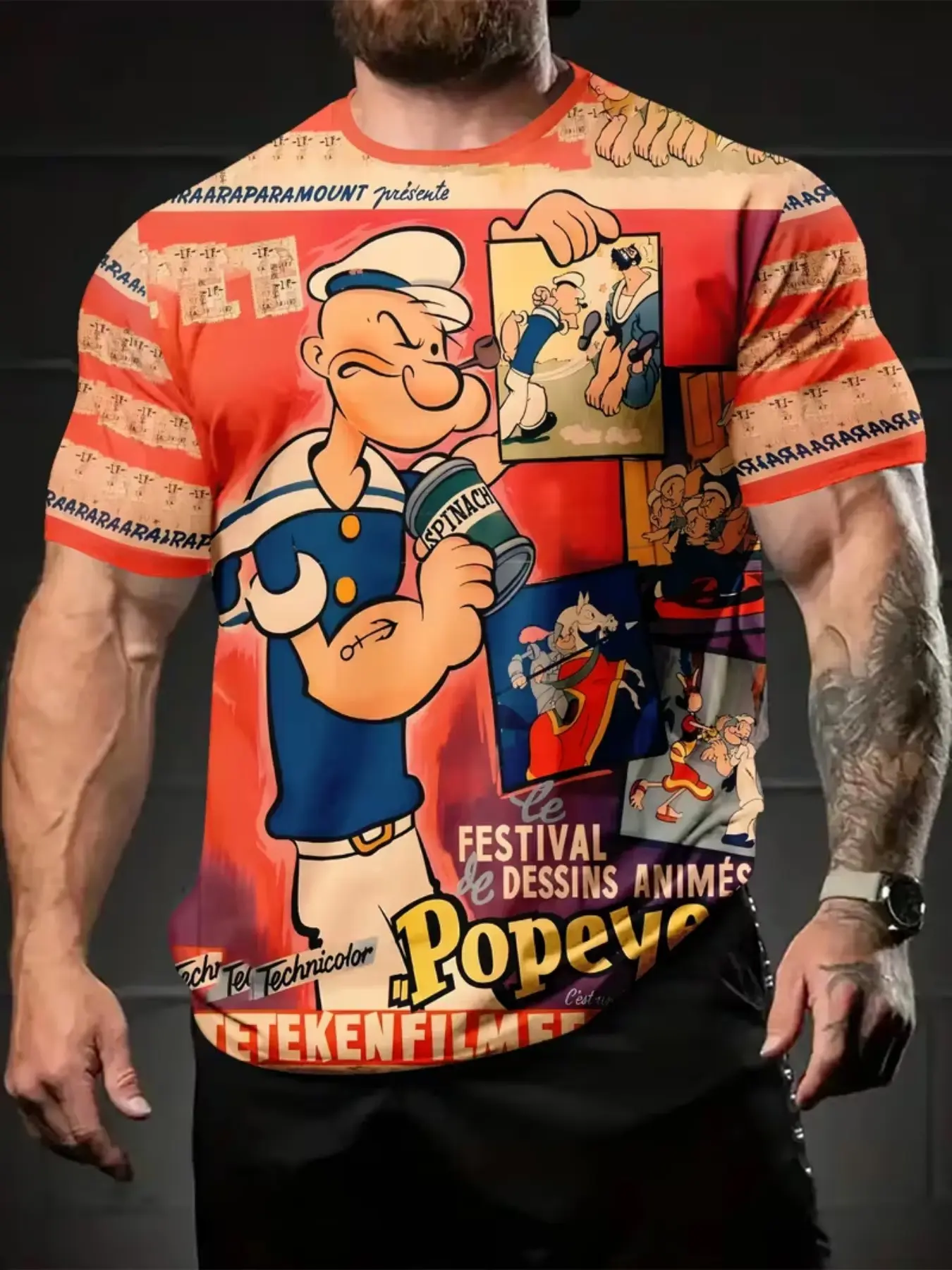 Men's Summer 3D Fashion T-Shirt, Vintage Retro Style, Popeye Classic Scene Pattern, Round Neck Short Sleeve, Casual Outdoor Sport Tee