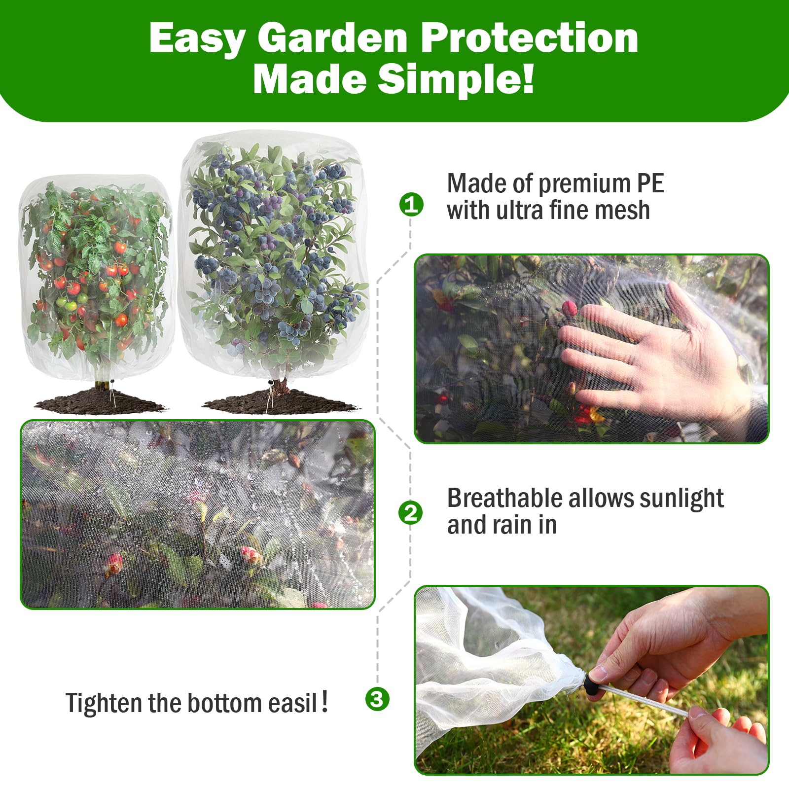 Garden Bird Net Protection — Set of 4 Drawstring Garden Protection Nets, Mosquito Net Tomato Protector Cover, Gardening Plant Protection Net suitable for cicadas, insects, vegetables, blueberries, and shrubs