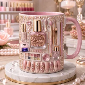 Personalized Nail Tech Mug 2D Printed 3D Effect Pink Glam Coffee Cup, Custom Name Gift for Manicurist Nail Salon Artist, Premium Ceramic Mug for Beauty Professionals, Birthday Appreciation Gift Idea for Her Friends Mom Dad Coworker