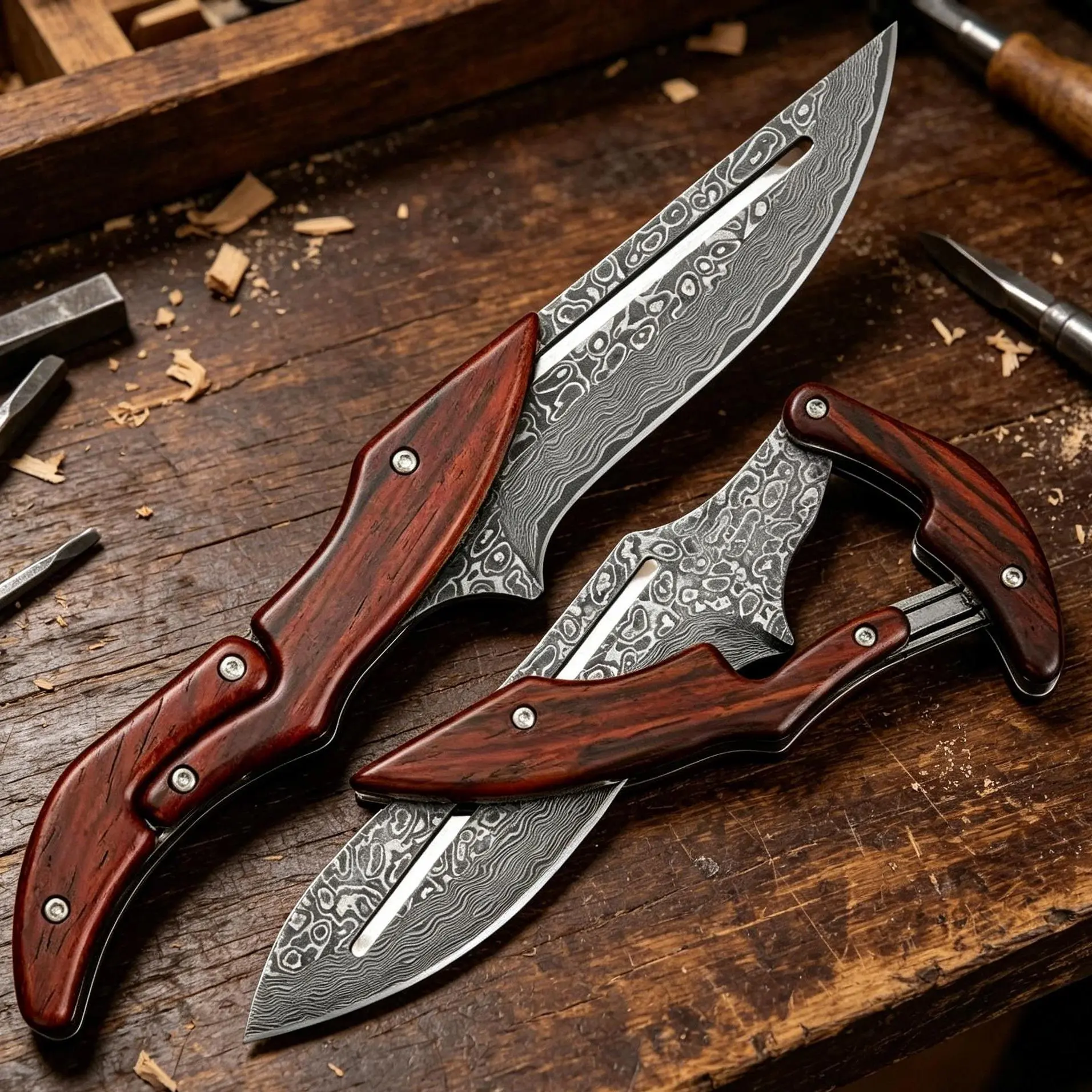 2 Styles Folding Knife - Damascus/Stainless Blades - Rosewood/Steel Handles - Sharp Fruit Knife - Camp Pocket Tool Multifunctional edc pocket knife