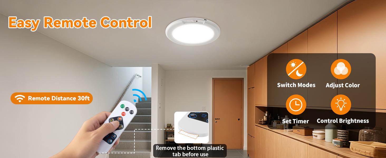 Rechargeable Ceiling Light 2Pack, 3 Color Motion Sensor Lights with Remote, Wireless Closet Light Battery Operated, Magnetic Dimmable LED Lights for Shower Pantry Shed Hallway Porch Garage Stairs lamp