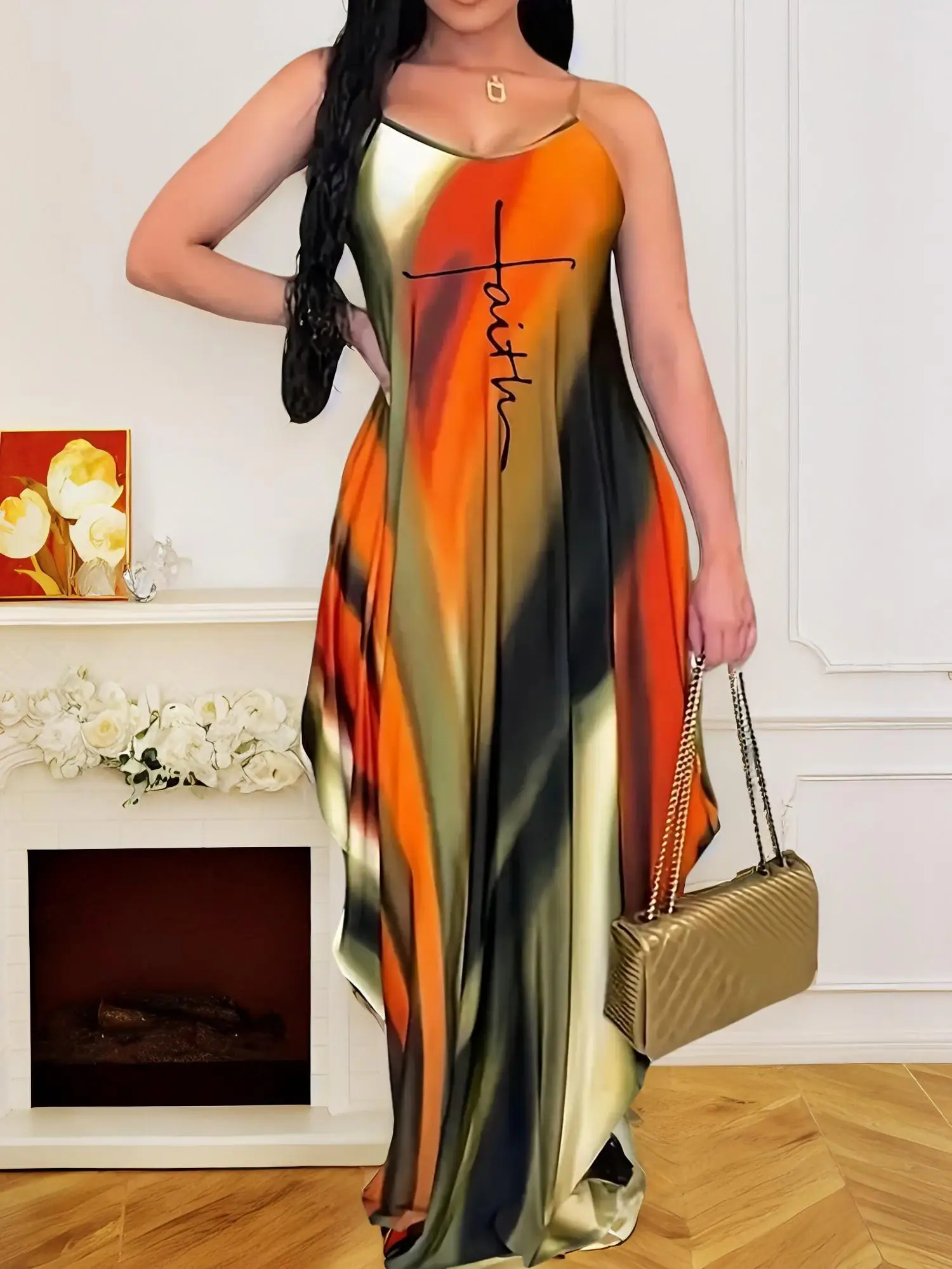 【Plus Size】 All Over Print Cami Maxi Dress, Plus Casual Letter Graphic Sleeveless Spaghetti Strap Dress for Summer, Women's Plus Clothes for Daily Wea