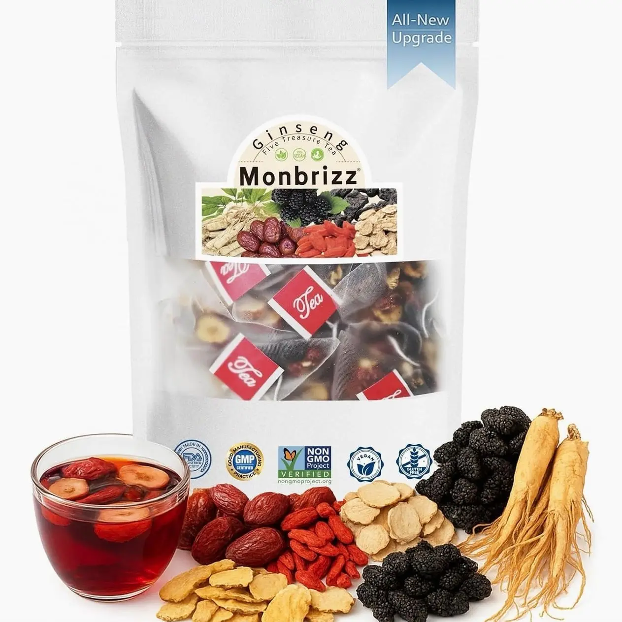 Monbrizz kidney tea formula Ginseng Six treasure tea te divina, maca root, Goji berries, turmeric kidney formula ginseng eight treasure Cleanse Detox Caffeine-Free Tea (60count)