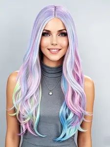 26-Inch Rainbow Color Long Wavy Wig for Women, Mixed Color Synthetic Hair, Halloween Party Theme, Secure Fit, Vibrant Costume Wig