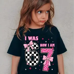 I Was 6 Now I Am 7 Birthday Girls T Shirt Bow Checkerboard Pink Leopard Design Silk Milk Fabric Soft Breathable Short Sleeve Casual Summer Top Cute Number Age Celebration Tee for Little Girl 7th Birthday Party Gift Trendy Kids Apparel