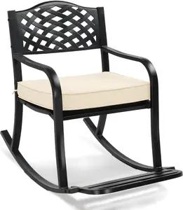 summervibes Metal Rocking Chair, Outdoor Rocking Bench with Cushion, Patio Rocker with Footrest, Weatherproof Rocking Chair for Outside, Patio, Garden, Hole Backrest