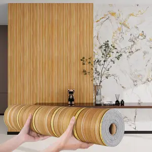 1 roll wood-grain slat-style wall sticker, self-adhesive coated wallpaper with waterproof and sound-insulating features. Textured design with a matte wood finish, easy to clean, install, and removable. Ideal for living room, bedroom, dining room, and ceil