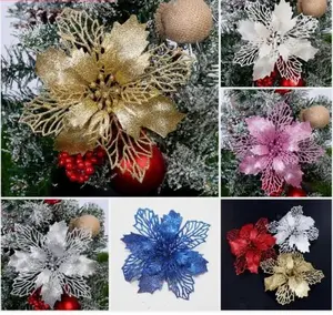 5Pcs Glitter Christmas Flowers Golden Powder Decorations Home Xmas Tree Ornament