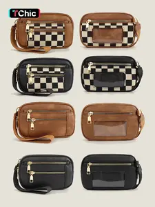 Women's Solid Color & Checkerboard Pattern Zipper Wristlet, Fashionable Pu Leather Wristlet for Daily Used, Casual Versatile Mini Coin Purse for Women & Men