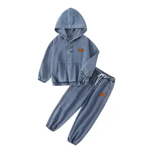 2-piece boy winter solid color hooded long-sleeved denim jacket denim trousers suit 4-14-year-old boy cute Joker outdoor children's wear combination suit sweatshirt