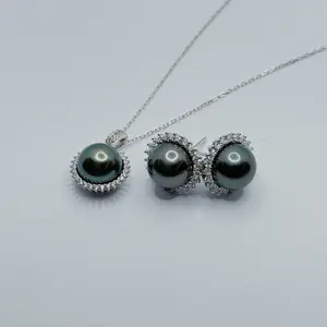 PEARLISM Sunflower Design  Seawater Black Tahitian Pearl Necklace Earring  (8.5-9.5mm) Set -ASBS002