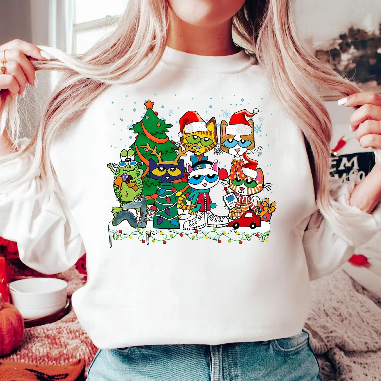 Pete The Cat Christmas Sweatshirt, Groovy Cat Christmas T-Shirt, Cool Cat Tee, Teacher Christmas Top,Christmas Kitten Tee, Xmas Holiday Gift BW