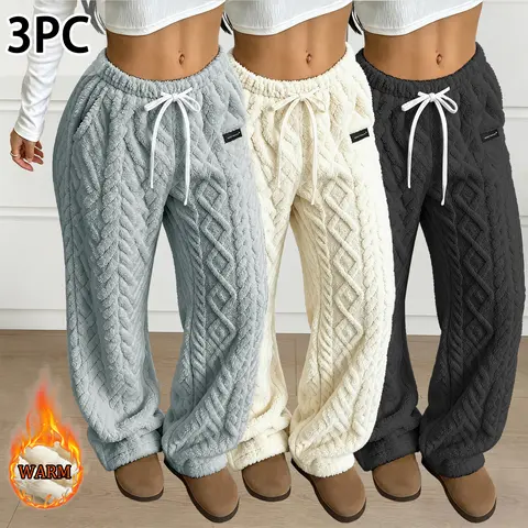 Women's knitted wide leg pants, thick and warm fluffy casual pants, elastic high waisted drawstring casual pants, comfortable and loose home pants, fashionable autumn and winter casual bottoms, women's sports pants with side pockets, soft and comfortable