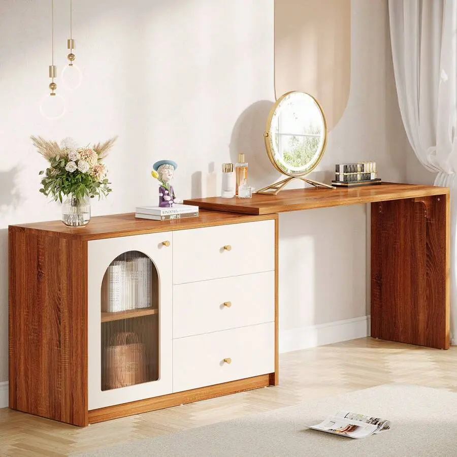 Modern  Vanity With 3 Drawers And Cabinet, Retractable Large  Corner Dressing Table For Bedroom, Living Room makeup wooden Handle Vertical Dresser White