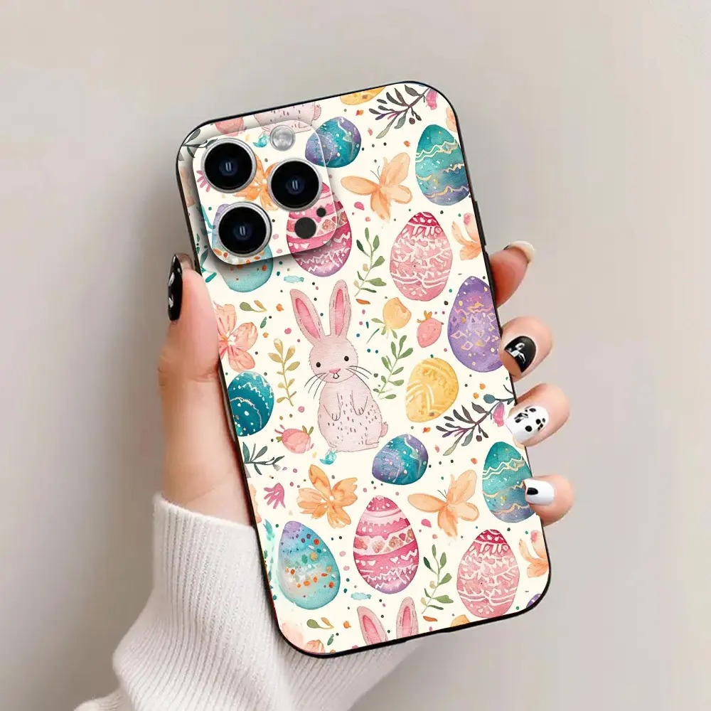 Black straight-edged rabbit Easter phone case, shockproof with lens protection, suitable for iPhone 17/16/15/14/13/12/11/X/XS/XSMAX 16E - thickened full-edge drop-resistant soft case, a holiday gift for friends, family, and yourself, Accessories, Smartpho