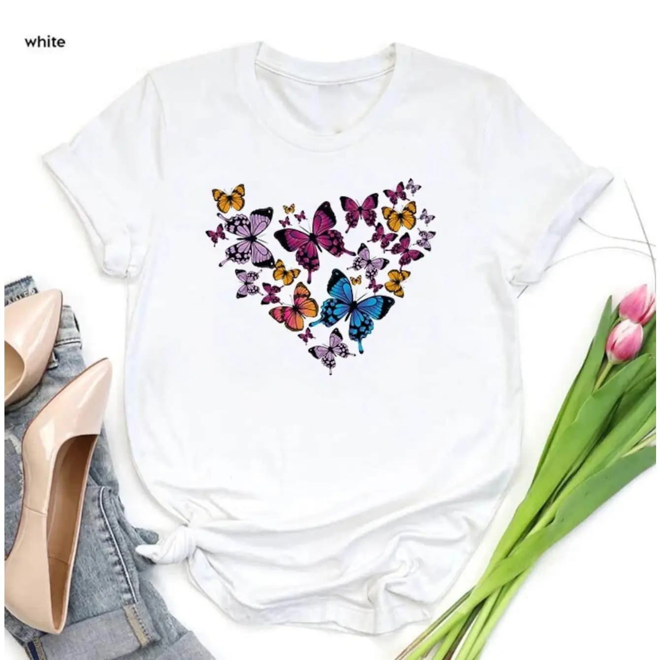 Women's Butterfly Heart Design Graphic T-Shirt - Short Sleeve Crew Neck Regular Fit Casual Wear | Soft & Breathable Fabric, Durable Print, Everyday Comfort, Machine Washable, Flat lay fashion style, cute and fresh Outfit display and styling