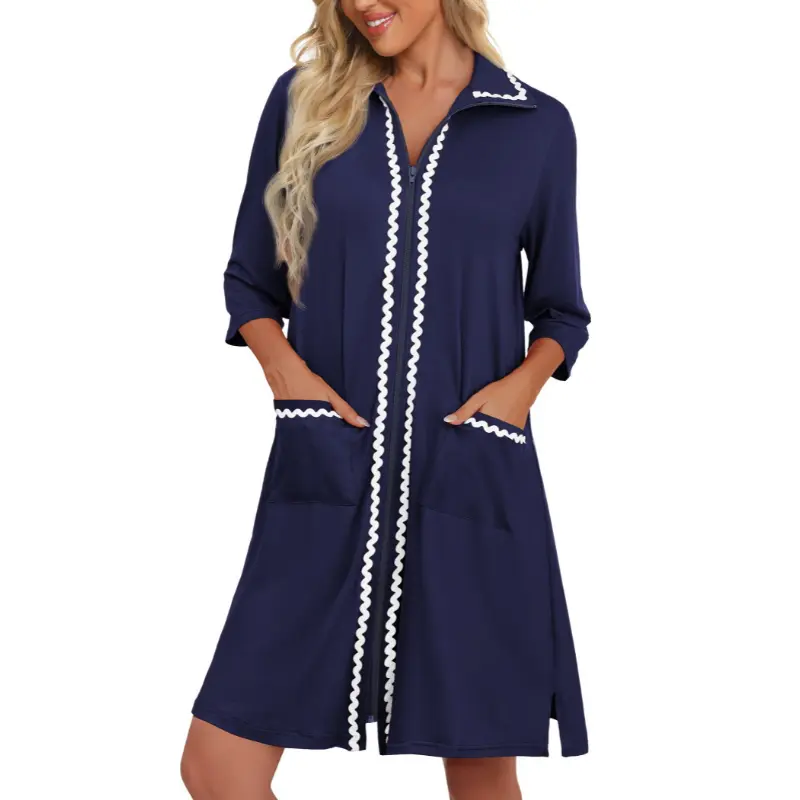 Bohemian style Women Zipper Robe Lightweight House Coat Zipper Front Short Bathrobes Soft Nightgown with Pockets