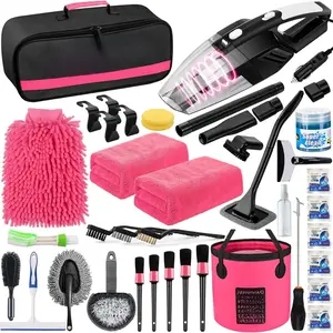 41Pcs Car Cleaning Wash Kit Interior Detailing Cleaner Kit with High Power Handheld Vacuum, Collapsible Bucket, Windshield Tool, Snow Shovel, Tire Brush, Complete Car Care Tools, Pink