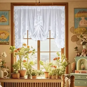 1 PC White Floral Lace Cafe Curtain Sheer Window Valance for Bathroom Dining Vintage Embroidery Swag Valance Knitted Tie Up Sheer Curtains Rod Pocket for Bathroom