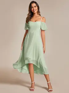 Ever-Pretty  Off Shoulder Ruffle Chiffon Dress High Low Hem | Party & Wedding Guest ,A-Line Midi Wedding Guest Dress, Minimalist 02103 Womenswear