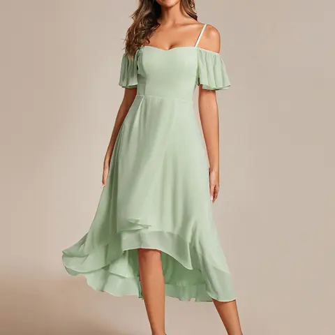 Ever-Pretty Women's Off-Shoulder Ruffle Chiffon A-Line Midi Dress 02103 - Shortsleeve, Spaghetti Strap, High-Low Hem, Chic, Classic, Elegant, Minimalist Formal Womens Dresses for Wedding Guest Gown, Baby Shower