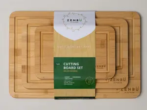 Zenbu Kitchen Bamboo Cutting Board Set - 3-Pack Light Bamboo, Sustainable & Durable, Water & Odor Resistant, Juice Grooves, Knife-Friendly, Reversible Design, 15"x10", 12"x8", 9"x6"