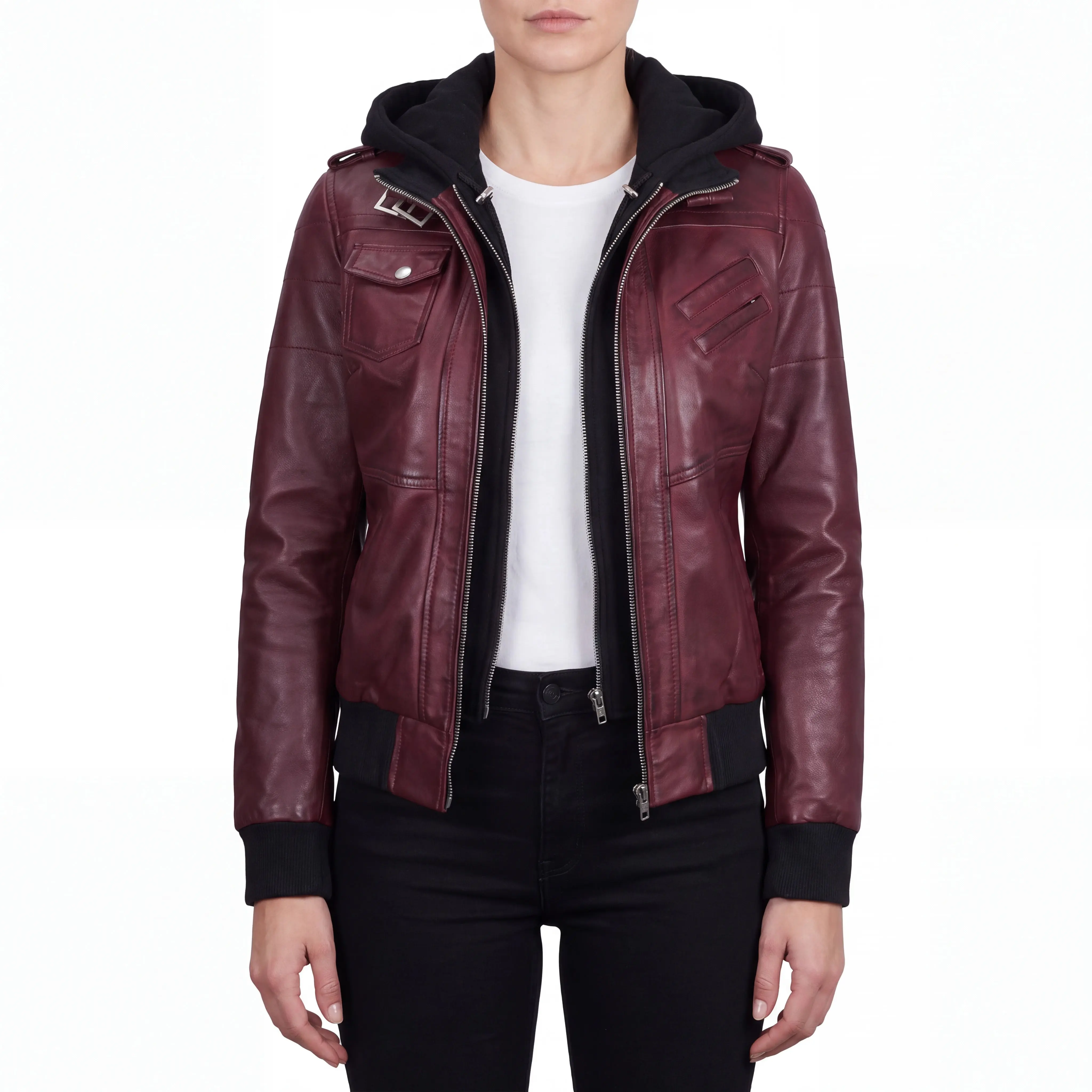 Crosslane Womens Maroon Leather Bomber Jacket with Removable Hood