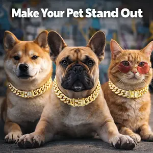Pet Cuban Link Collar for Dogs & Cats, Gold Chain Dog Necklace with Rhinestone Clasp, Hip Hop Bling Pet Collar for French Bulldog Chihuahua Puppy Cat, Stylish Pet Jewelry for Photos Parties & Gifts