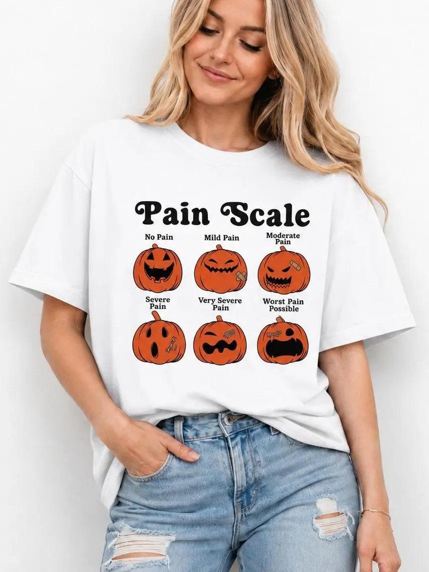 Halloween Pumpkin Pain Scale Graphic T-Shirt – Funny Spooky Pumpkin Faces Tee, Cute Fall Humor Shirt, Casual Unisex Gift for Women & Men